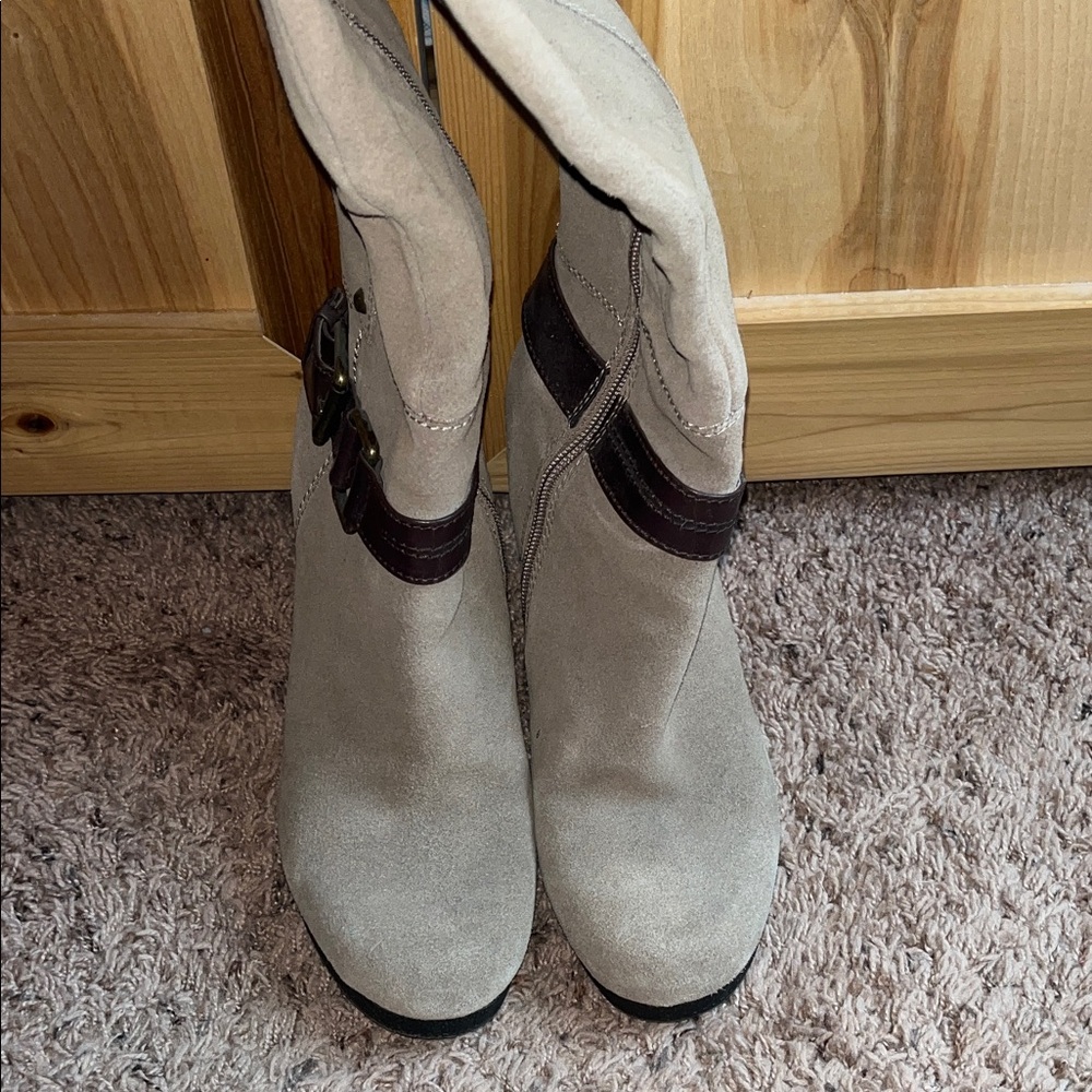 Women's Taupe Suede Knee High Boots with Dark Brown Accent